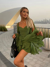 Unique Split Long Sleeves V Neck Woman Soft Mini Dress Sexy Lady Pleated Hem Green Short Dresses New Fall Beach Party Vestidos