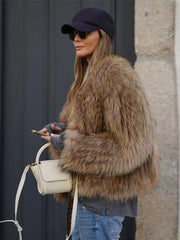 Women Fashion Thicken Short Faux Fur Jacket Chic V Neck Long Sleeved Plush Cardigan Coat Winter Elegant Female Warm Outerwear
