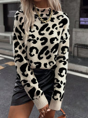 Autumn and winter leopard print shoulder down long sleeved pullover women's knitted sweater