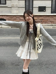 Korean Fashion Grey Cardigans Women Sweet Gil Bow Bandage Coquette Knitted Sweater Mujer Casual Long Sleeve Tops Autumn
