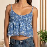 y2k Cami Top Women Summer Vest Floral Print V Neck Spaghetti Strap Sleeveless Pleated Tanks 2000s Clothing Streetwear