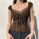 Lace-up Lace Patchwork Y2K Top Short Sleeve Summer Casual Cute Clothes Vintage Tank Tops Coquette T-shirt Women Tees