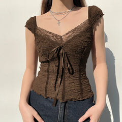 Lace-up Lace Patchwork Y2K Top Short Sleeve Summer Casual Cute Clothes Vintage Tank Tops Coquette T-shirt Women Tees