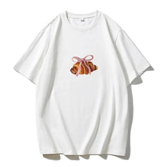 Bow And Horn Print White Summer T-shirt 2025 New Short Sleeve O-neck All-match Women Tee Top Streetwear Fashion Woman Clothing