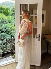 Sexy See Through Deep V Neck White Maxi Dress Elegant Splicing Pleated Mesh Halter Scarf Slim Robes Lady Party Evening Gown