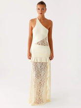 One Shoulder Backless Sexy Maxi Dress Women Lace Patchwork Fashion Sleeveless Lace-up Draped Ruffle Club Long Dress