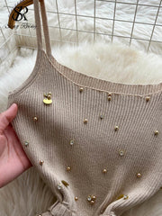 Sexy Knitting Split Long Dress Sleeveless Sequins Diamonds With Sashes Skinny Sundress 2025 Fashion Women Summer Dress
