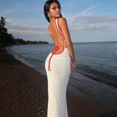 Sexy Backless Knitting White Long Dress Women's Square Collar Sleeveless Tank Dress New Summer Transprent Beach Holiday Vestidos