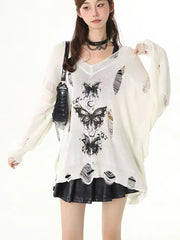 Pbong Y2k Hollow out Knit Oversize T shirt Women Long sleeve Off shoulder Top Sexy Basic Transparent Tees Baggy Vintage Ladies New