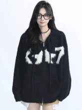 Faux Mink Cashmere Y2K Cardigan Sweater Women Streetwear American Vintage Knitted Hooded Jackets Hip Hop Star Letter Bf Tops New