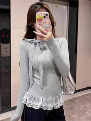 Knit Bow Tied Basic Top Women Patchwork Lace Ruffles Slim fit Long sleeve T-shirt Solid color Plain Tees Shirt Ladies Korean