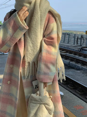 Winter Rainbow Woollen Coats Women Casual Warm Loose Plaid Long Coats Female Korean Fashion Office Lady Trench Jackets Y2k