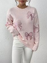 Autumn and Winter Women's Bead Embroidered Bow Sparkling Long Sleeve Hooded Knitted Sweater
