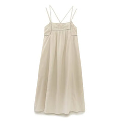 Fashion Embroider Linen Blended Casual Beach Dress Loose Backless Vacation Dress New Square Collar Fashion Vestidos