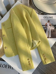 Yellow Sweet Tweed Jacket Women Elegant Retro Slim Long Sleeve Short Coat Korean O Neck Casual Fall Female Vintage Outwear