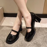 Lucyever Vintage Thick High Heels Mary Jane Shoes Women Patent Leather Brown Shoes Woman Round Toe Chunky Heels Pumps Mujer