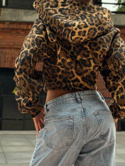 Autumn New Zip Up Hooded Women's Sweats Long Sleeve Binding Waist Leopard Streetwear Hoodies Gyaru Baddie Y2k