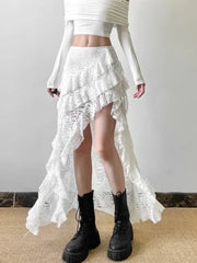 Elegant Tulle Ruffle Skirt Women Boho Lace Vintage White Irregular Skirt Korean Style Summer Layered Mid Skirts Street