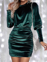 Pbong Women's Fall Velvet Dress Solid Color Round Neck Lantern Long Sleeve Ruched Bodycon Mini Dresses Party Elegant