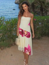 Floral Print Sexy Midi Dress Women Gown Summer New Strapless Off-shoulder Sleeveless Backless Irregular Ruffle Dress