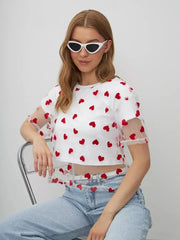 New Heart Print Mesh Splicing Color T-shirt For Women Y2k Cotton Short Sleeve Tee Top Rpund Neck Fashion Tshirt 2025 Summer