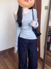 Pbong Fleece Warm Off shoulder Long sleeve T shirt Women One shoulder Fitted Basic Plain Tee Shirt Lady Split Casual Top Autumn Winter