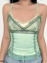 Sweetown Green Lace Patchwork Two Layers Mesh Y2K Camisole Sleeveless Slim Sexy Cute Crop Top Women Summer Vacation Tanks Camis