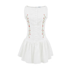Flower Embroidery White Short Dress 2025 New Single Breasted Slim A-line Pleat Women Dress Sweet Y2K Street Female Clothes