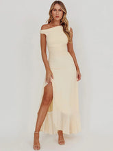 Sleeveless Ruffled Split Maxi Dress For Women Gown Mesh O Neck Oblique Shoulder Backless High Waist Slim Fit Club Dress