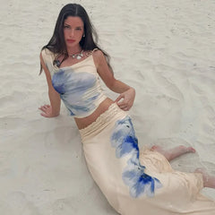 Summer Flower Print Skirt 2 Piece Set Women One Shoulder Crop Tops+Stretch Long Skirts Suit Female Vacation Trend Beach Outfits