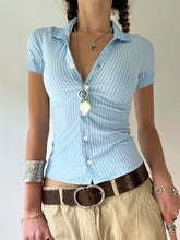 Blue Stripe Short Sleeve Shirts For Women Button Up Turn Down Collar Slim Simple Casual Preppy Tops Basic Summer Tees