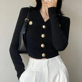 Gold Button Front Knit Cardigan Women Long Sleeve Crop Sweater Jacket Fitted Top Teen-girl Fall Winter Vintage 90s Outfit