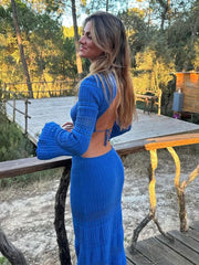 Backless Bandage Flare Sleeve Knitted Long Dress Women Loose O Neck Knitting Dressses Female Hollow Out Casual Robes