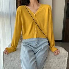 Women's Long Sleeve Cropped Cardigan V Neck Button Down Sweater Jacket Single Breasted Plain Fitted Knit Cardigan Basic Outfit