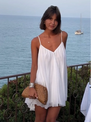 Women Puff Pleated Hem Sexy Backless Mini Dress Elegant V-neck Sleeveless A-line Short Dresses Lady Party Evening Robe