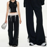 American High Street Popular Harajuku Lace Spliced Drastring Design Pant Casual Long Baggy Wide Leg Trouserst Y2k Girl Bottoms