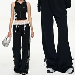 American High Street Popular Harajuku Lace Spliced Drastring Design Pant Casual Long Baggy Wide Leg Trouserst Y2k Girl Bottoms
