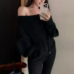 Women's Off-the-Shoulder Sweater Cardigan Zip Up Knitted Off Shoulder Sweater Jacket Teen-girl Fall Winter Y2K Outfit