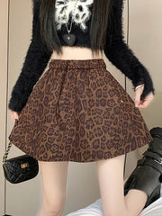 Y2K Leopard Mini Skirt Women High Waist Faux Suede Fabric A Line Skirts Streetwear Fall Winter Loose Vintage Sexy Skirts