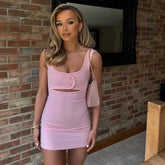 New French Fashiona Elastic Design Square Neck Short Dress Tight Backless Pink Party Dress Hollow Fashion Summer Dress