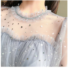 New Arrivals Summer Women Lace Dress Sequined Appliques A-line Mesh Patchwork Solid Dress Fairy Long Sleeves Knee-length Dress