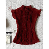Pbong Elegant Wine Red Stand Collar Shirt Women's Summer New Style Slimming Versatile Beautiful Patchwork Polyester Fiber Pure...