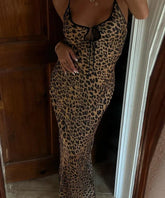 Women New Y2K Elegant Leopard Printed Maxi Dresses Backless Skinny Spaghetti Strap Lace-up Slim Vintage Robe Dress