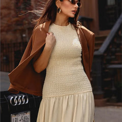 Fashion Simple Design Patchwork Long Dress New Sleeveless A-line Pleat Elegant Chic Summer Dress Streetwear Female Clothing