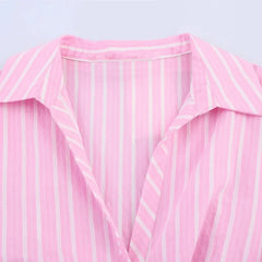French Fashion Striped V-neck Long Sleeve Short Dress Chic Loose Single Breasted Pleat Summer Dress New Female Clothing