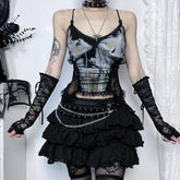 New Punk Grunge Fairy Y2K Tops Gothic Dark Style Sexy Lace Patchwork Printed Glass Bead String Strap Top for Women
