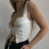 Sexy white lace crop tops women Summer casual lace tank top for women cute tops front tie corset top korean streetwear y2k