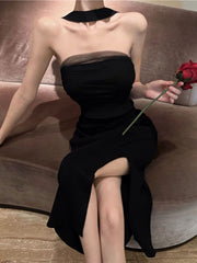 Red Knitted Y2k Dress Women's Sleeveless Halter Split Sexy Solid Stretch Slim Fit Backless Retro Women's Party Dress Elegant