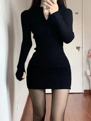 Black Bodycon Knitted Dress Women Sexy Wrap Slim Short Dresses Autumn Fall Solid Outfits Robes Femlae
