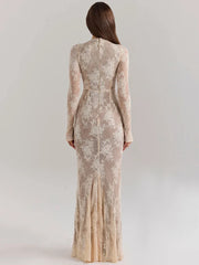 Lace Print Long Sleeve Sexy Maxi Dress For Women White Zipper Half High Collar Bodycon Fashion Elegant Long Dress